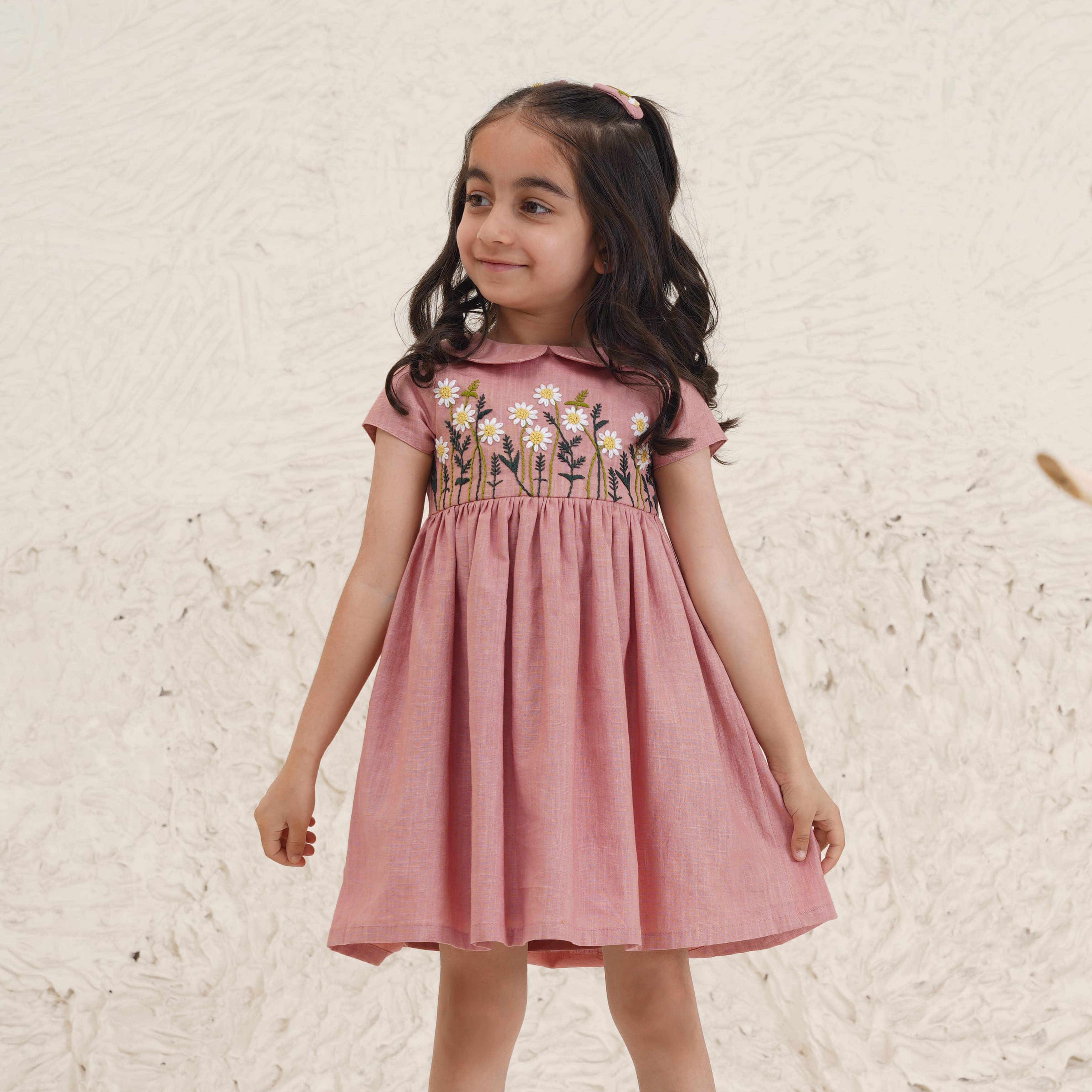 Alba Pink Linen Embroidered Dress