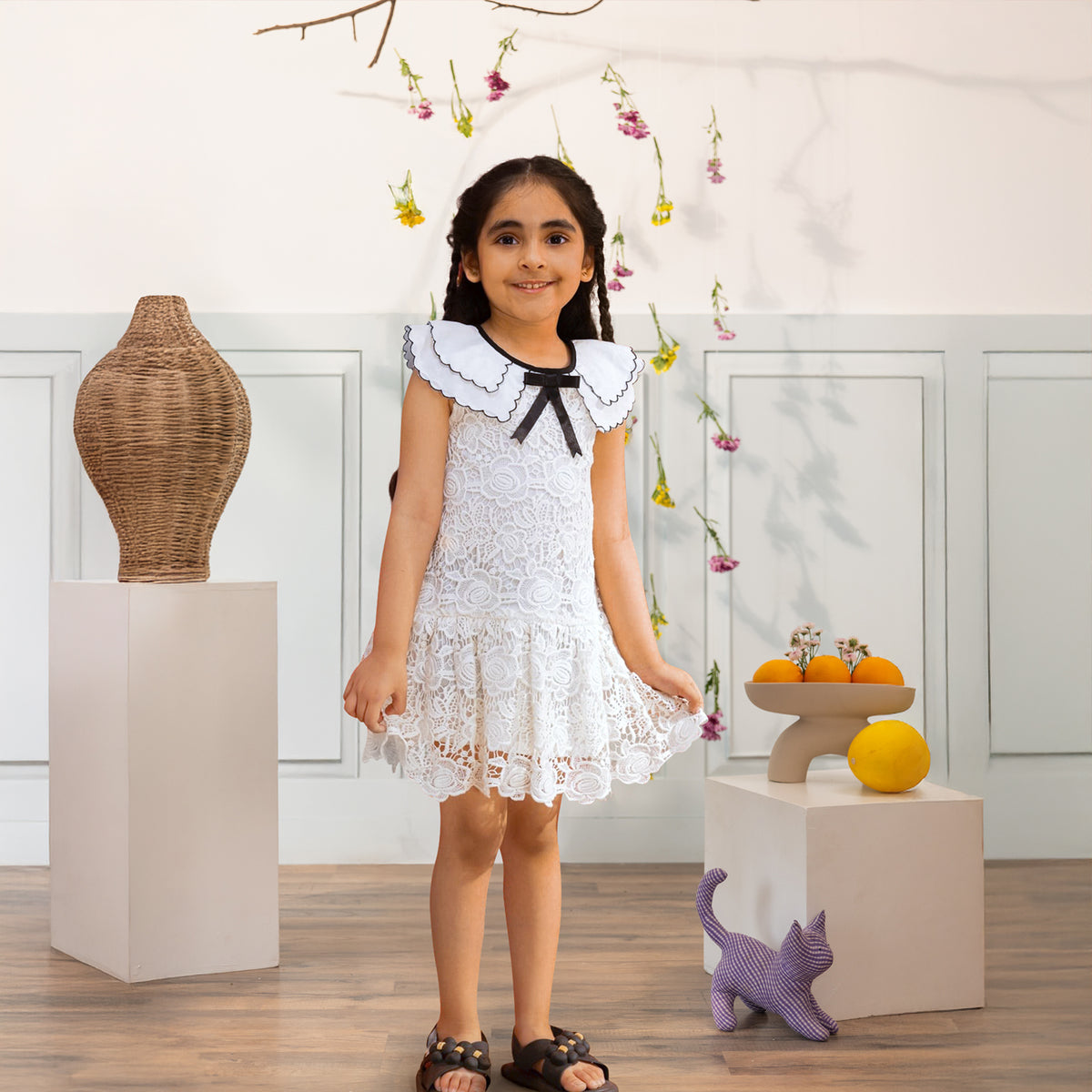 Elegant White Lace Dress with Cotton Collar & Bow